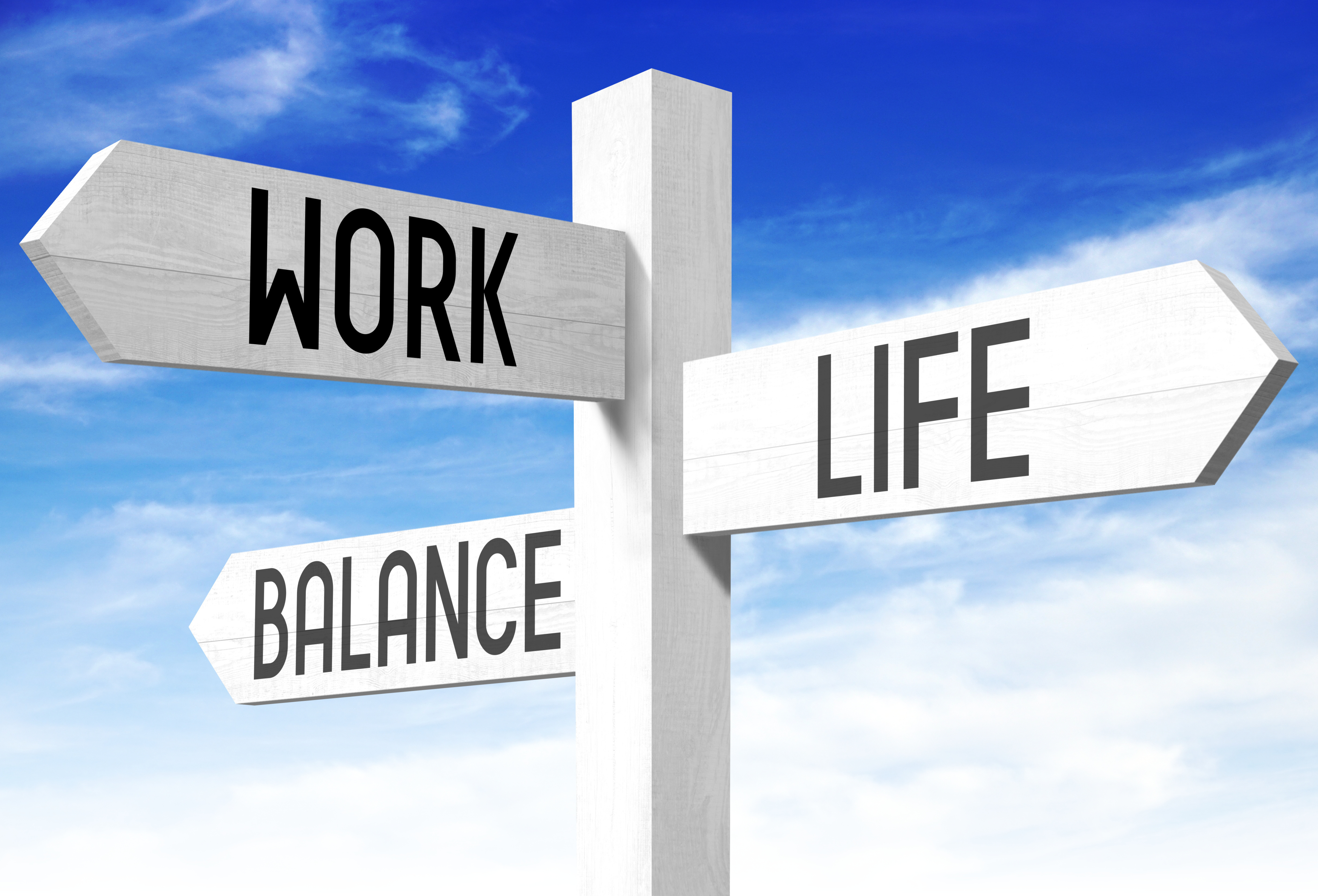 a white pole with three signs pointing in different directions with the words work life balance written on each